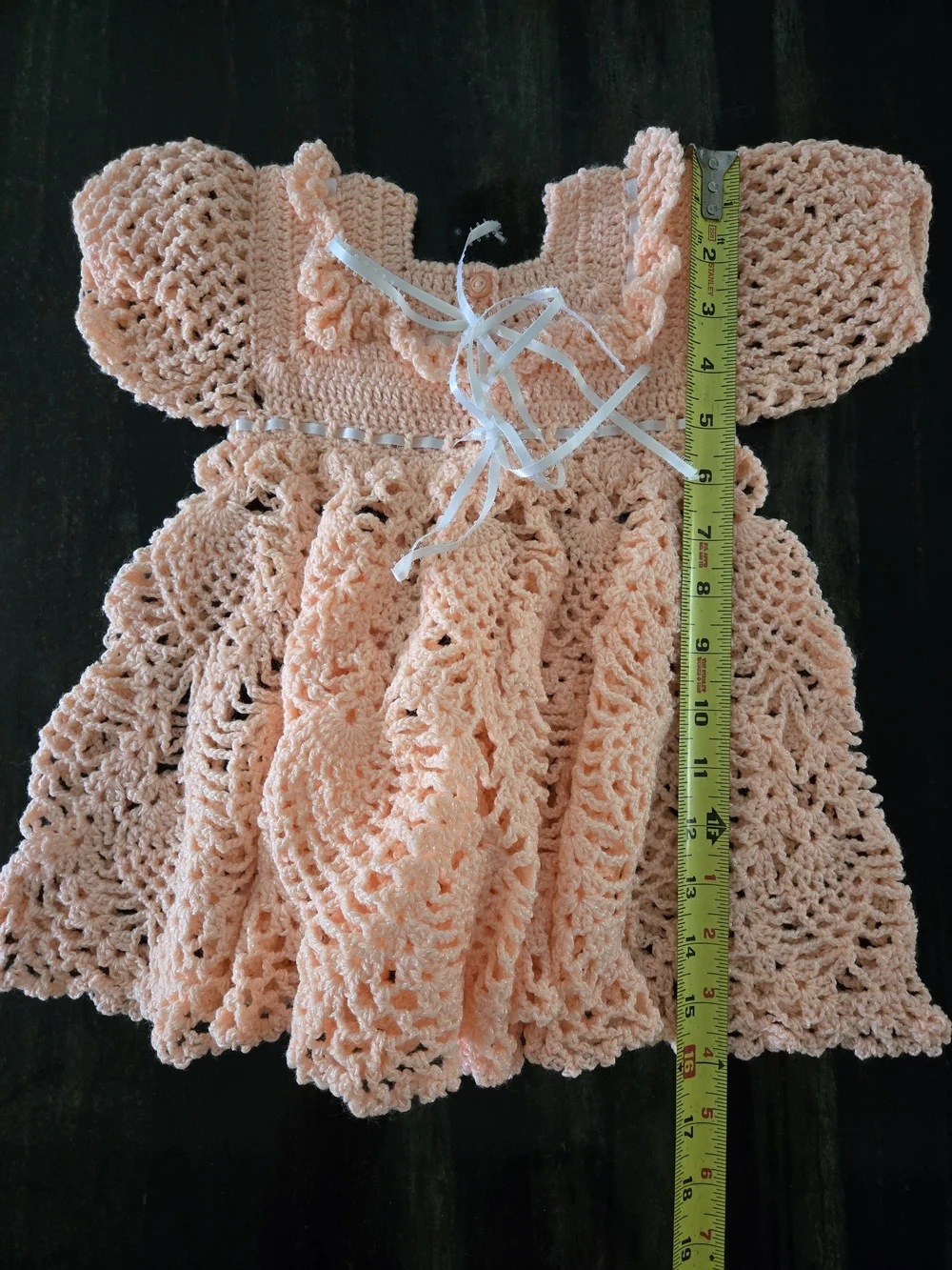 Handmade Peach Crochet Baby Dress with Ribbon Detail